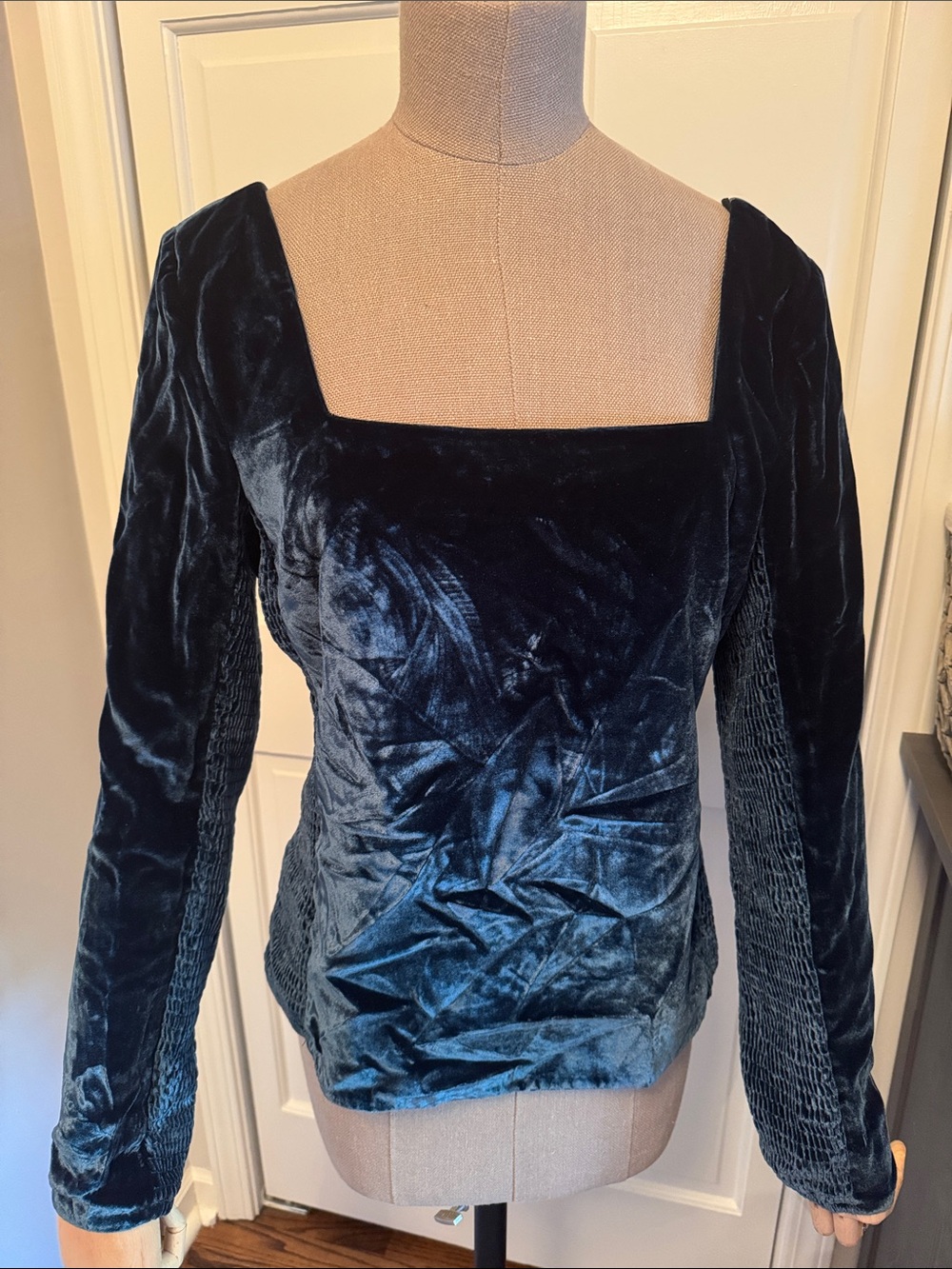Rebecca Taylor Deep Teal Velvet Long Sleeve Square Neck Top
